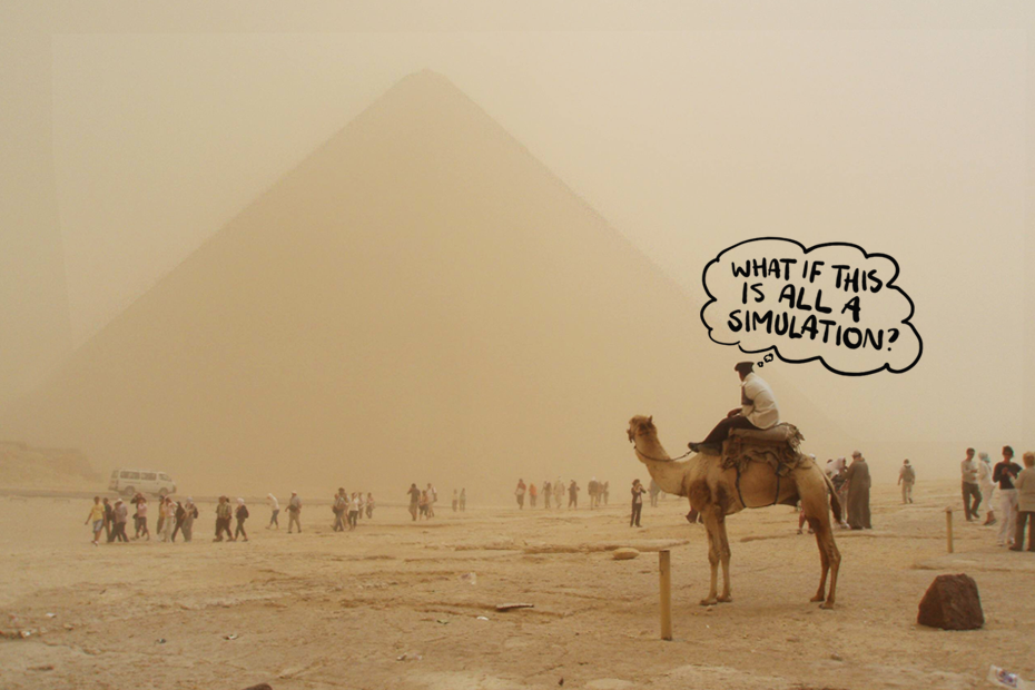 Police officer on camel in front of the Great Pyramid of Giza, during a sandstorm
