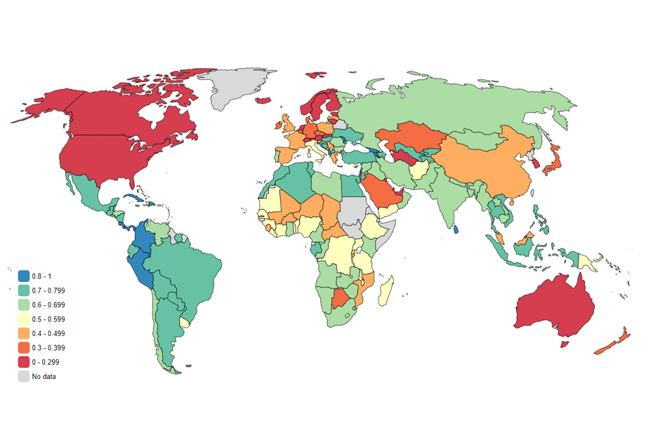 Map of the world illustrating the Sustainable Development Index by coloring in countries based on their rank
