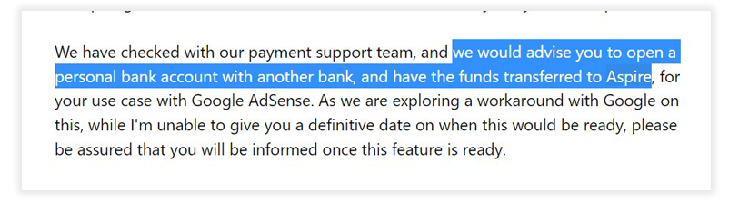 Email from Aspire customer support suggesting that I open a bank account with a bank and transfer the money to Aspire