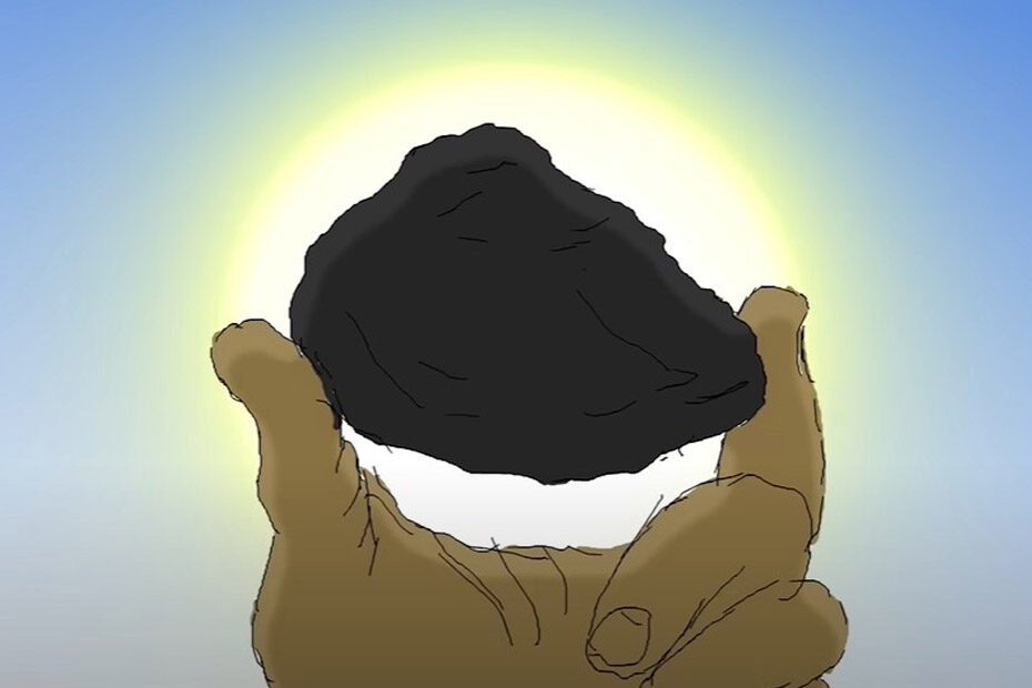 An illustrated hand holding a lump of coal up to the sun--a frame from the animated film by Minute Physics, titled: "How Many Fossils to Go an Inch"