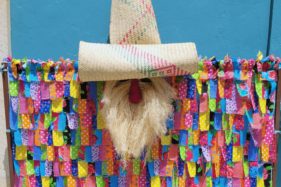A tiliche figure on a wall in Oaxaca. There is a tall hat with a folded up, rectangular brim, a face made with natural fibers that look like the entire face is a beard, out of which sticks a pointy red nose, there are two black eyes set in the fibers, and the body is made up entirely of colorful rectangular strips of fabric, around 2 inches wide and five or six inches long, flapping in the breeze along the street