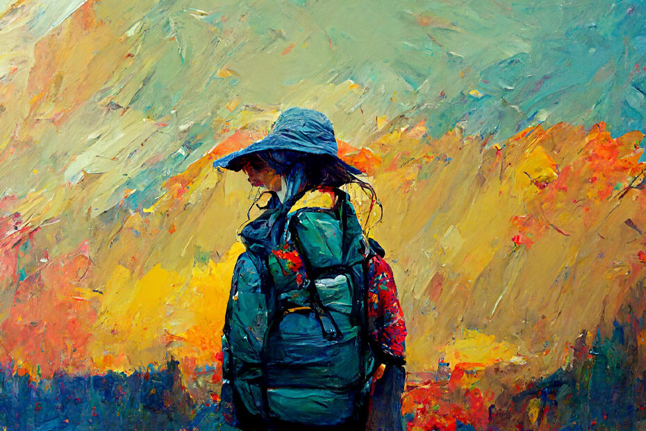 A solo traveler with a backpack and sun hat, in a palette knife painting style, with an abstract background of splotches, like a sun set after a day of traveling alone