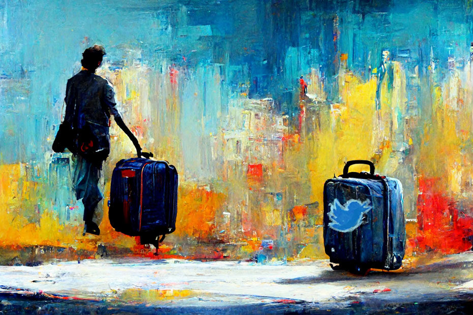 Travel blogger deletes Twitter and walks away from a piece of luggage with the Twitter logo on it, palette knife, impressionistic style