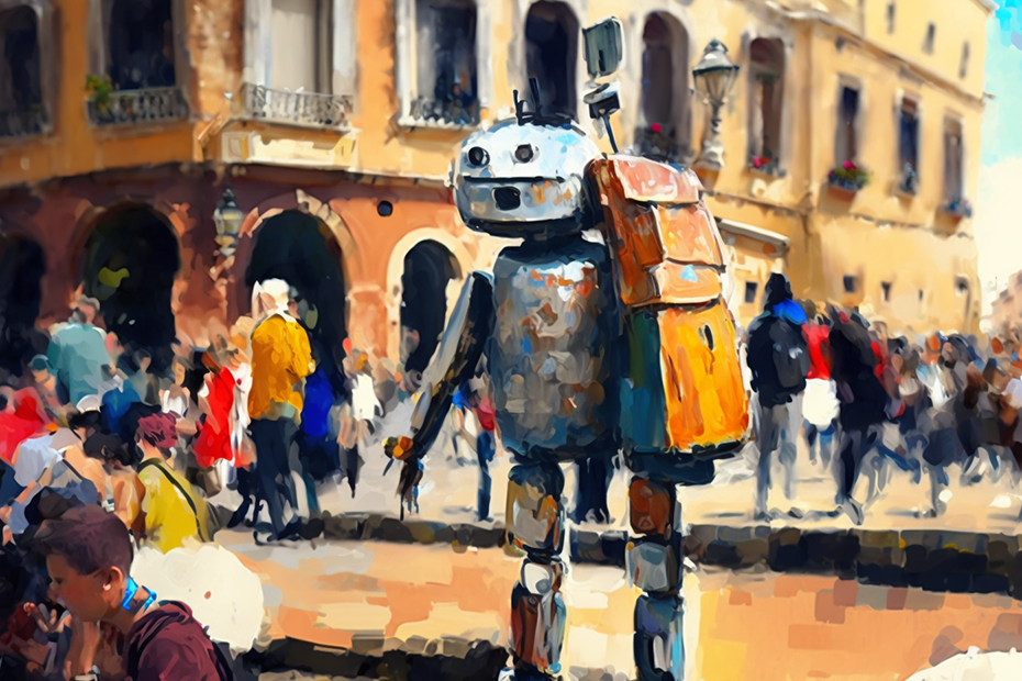 A robot backpacking in Rome looks forward to planning your next trip itinerary with artificial intelligence