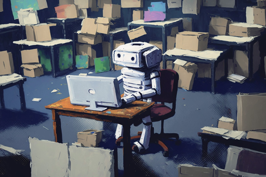 An eager robot working in an empty office after it replaced all of the other high-skill workers