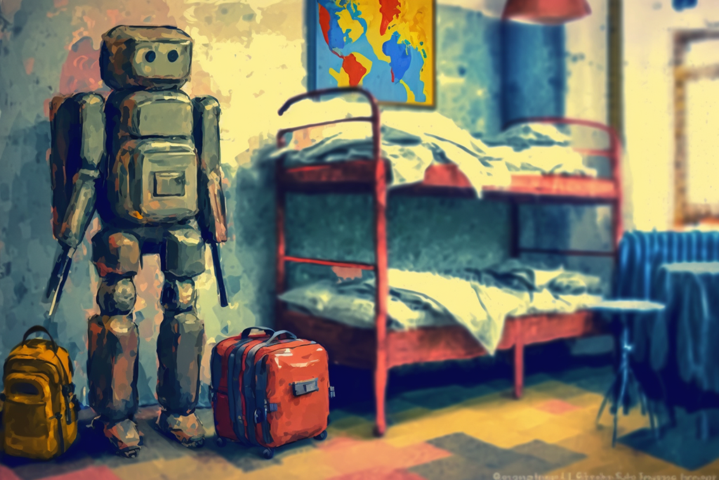 A robot digital nomad backpacker looks around their dorm room at a youth hostel in Europe