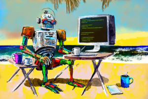 A robot digital nomad at the beach coding on their computer with several coffee cups on their table and in the sand.