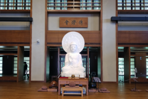 Buddha statue with a slight smile, meditating at the center of Dharma Drum Mountain's Chan practice hall.