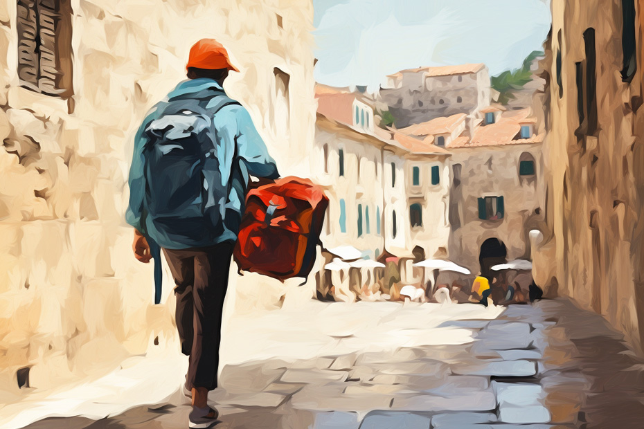 A digital nomad proactively taking care of their mental health to prevent solo travel mental health issues, walks down an old stone street with their backpack and duffel bag